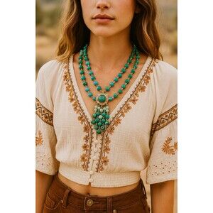 Bold Turquoise Beaded Bib Necklace – Triple Strand Statement Pendant, 14” Drop